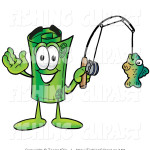 clip-art-of-a-sporty-rolled-money-mascot-cartoon-character-holding-a-fish-on-a-fishing-pole-by-toons4biz-159